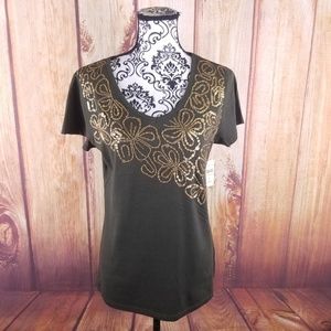 Coldwater Creek Brown & Gold Floral Sequin Top B59